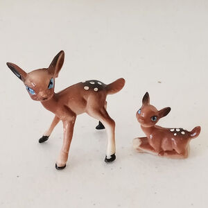 Vintage Hard Plastic Anthropomorphic Big Eye Doe Fawn Figurines Mini Kitschy